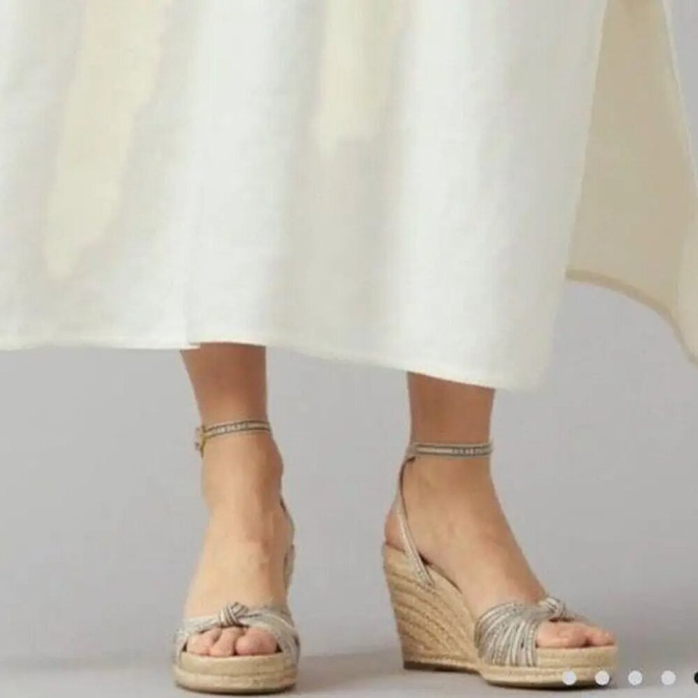 Tory Burch White Beige Logo Ribbon Wedge Espadrille Platform Sandals Heels Sz 9 - Picture 2 of 8